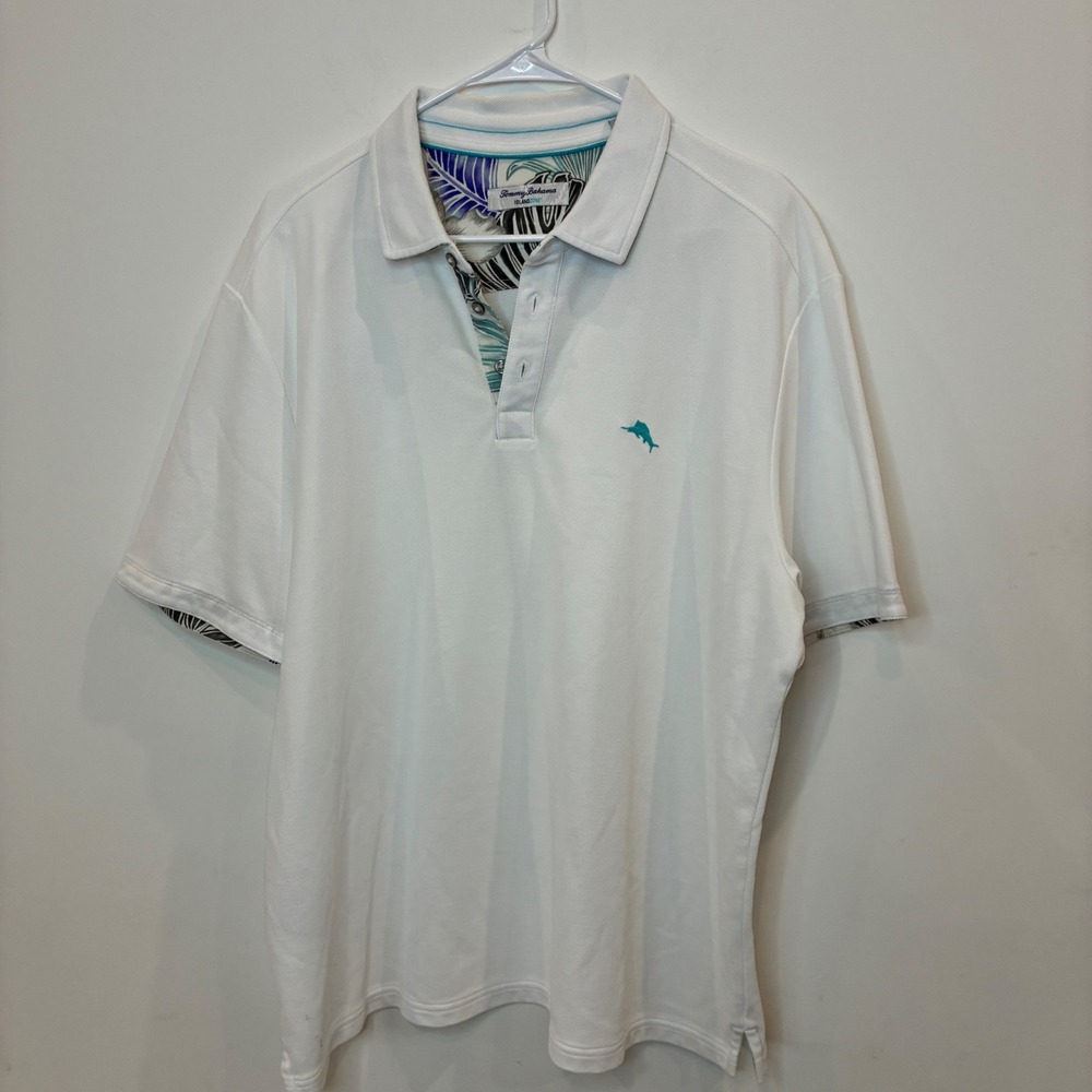 Tommy Bahama IslandZone Mens White Supima Cotton Blend Polo Shirt XL Floral Trim